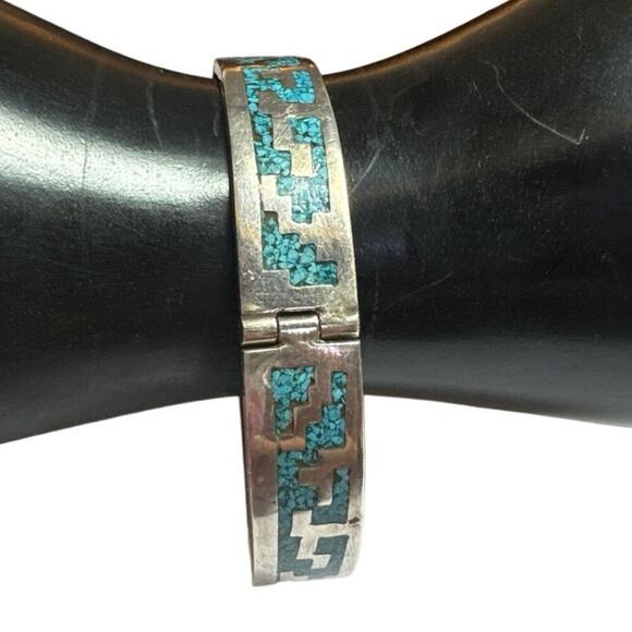 Vintage 925 TC Mexico Sterling Silver Turquoise Inlay Bangle Bracelet - 67 Grams - Picture 3 of 11